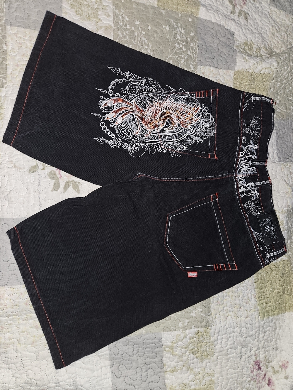 Black Denim Shorts with Red & White Contrast Stitching and Dragon Accent